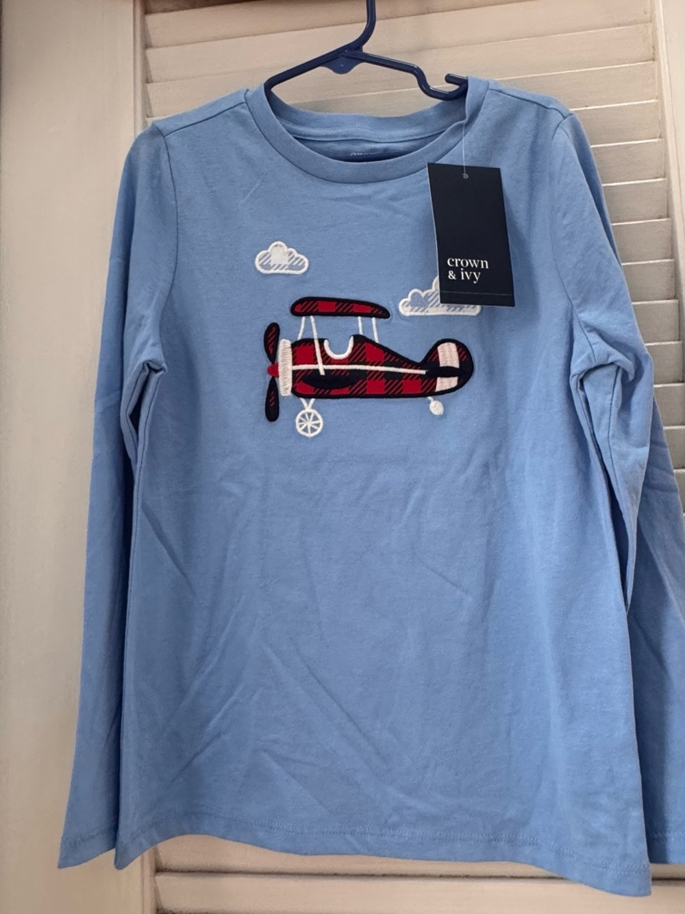 crown & ivy Light Blue Long Sleeve Tee with Red Plaid Airplane Appliqué
